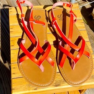 Coral strappy sandals.  New in box.